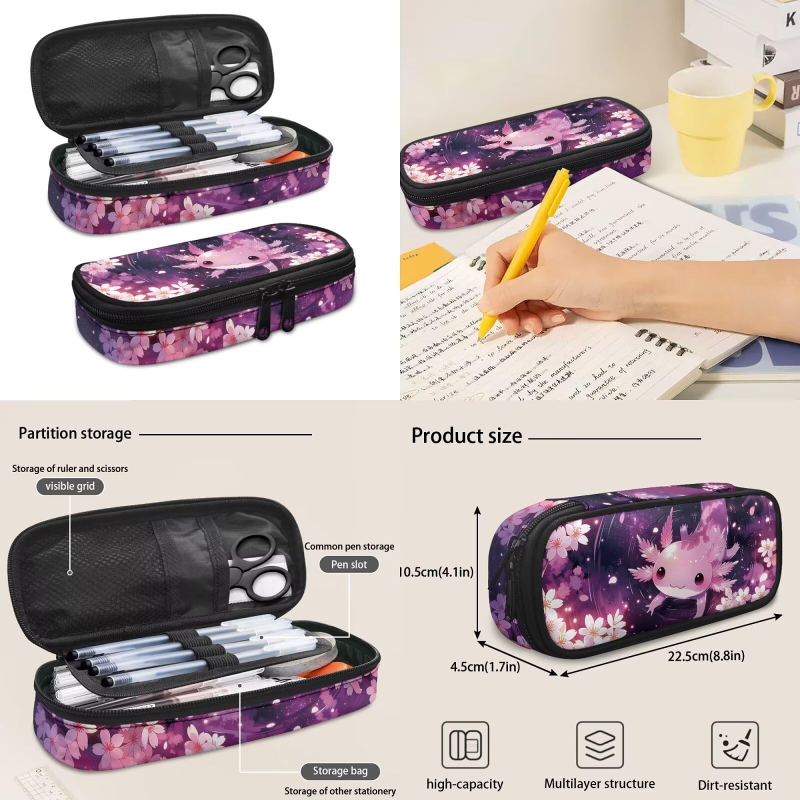 COEQINE Zaino scolastico per ragazze 6-8-10-12 con portapranzo e grande astuccio portachiavi, borsa per laptop per libri elementari, 5 pezzi, Axolotl Galassia Viola