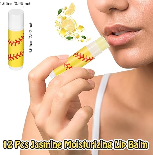 Miniatura 4 de Heigble 12 juegos de regalos de sóftbol para niñas, regalos de fiesta de sóftbol con coleteros de sóftbol, bolsa de maquillaje de softbol, bálsamo