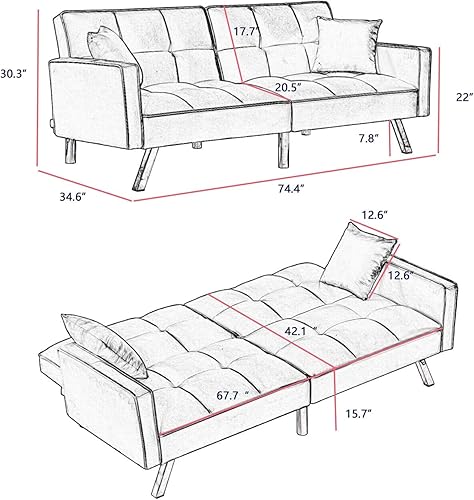 Miniatura 2 de Sofá cama convertible de terciopelo con 2 almohadas decorativas moderna cama plegable tapizada con reposabrazos y 3 posiciones ajustables 6 patas