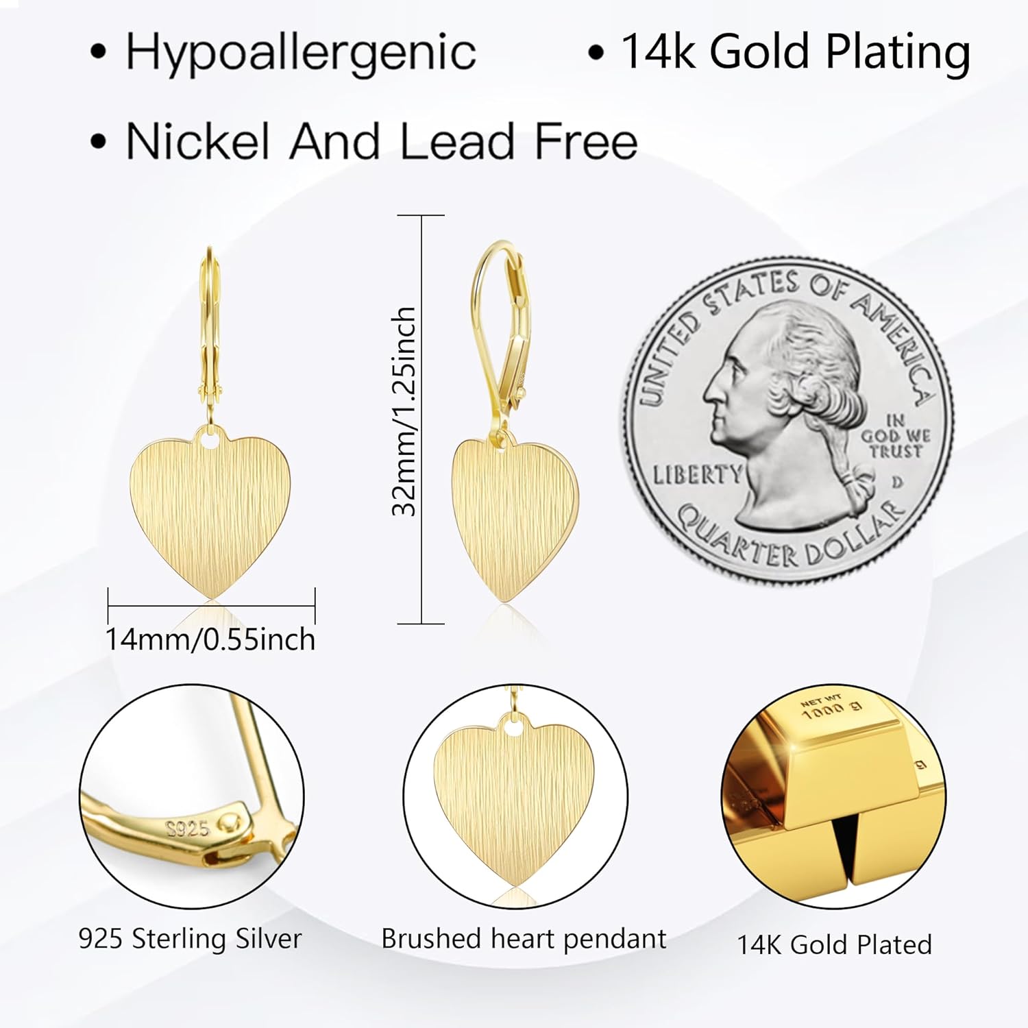 14K Gold Dangle Earrings for Women,Lightweight Circle Disc Coin Geometric Flat Brushed Drop Earrings, Hypoallergenic Leverback Earrings S925 Jewelry - Image 5