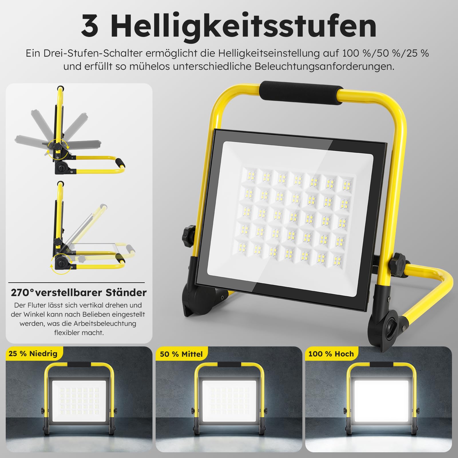 Reflektor LED budowlany 200 W, 22000 lm, 6500 K, zimna biel, 3 poziomy