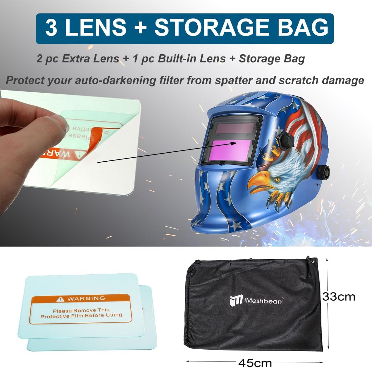 Solar Auto Darkening Welding Helmet Arc Tig Mig Grinding Mask with Test Function & Low Battery Alarm Function American Eagle Design USA (Blue)