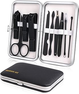 Manicure Set, Travel Mini Nail Clippers Kit Pedicure Care Tools, 10pcs Stainless Steel Grooming kit (Black)