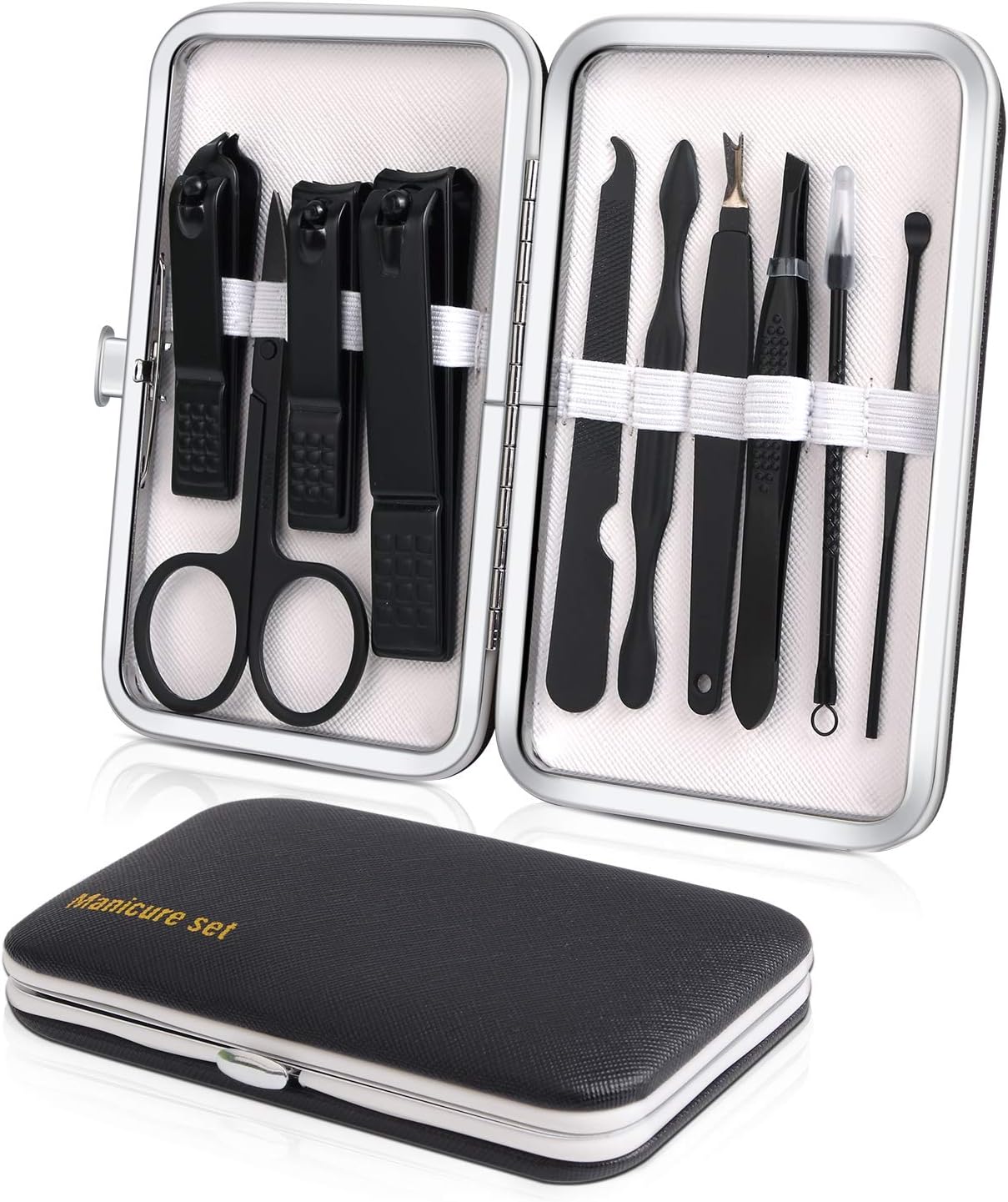 Manicure Set, Travel Mini Nail Clippers Kit Pedicure Care Tools, 10pcs Stainless Steel Grooming kit (Black)