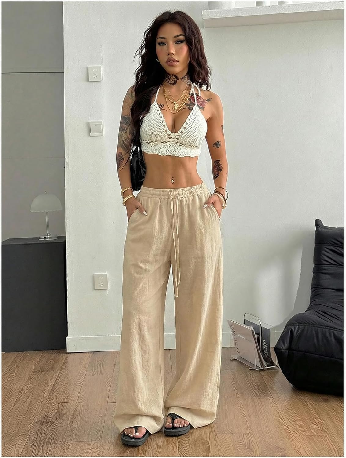 Women's Boho Wide Leg Linen Pants Drawstring Waist Casual Loose Trousers Vacation Outfits - Image 4