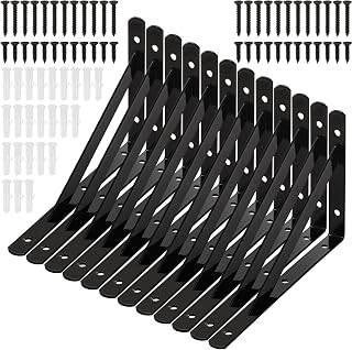 Hiceeden 12 Pack Heavy Duty 8x5 Inch Black Steel L Shelf Brackets for Floating Shelves - Rust-Resistant Wall Mount