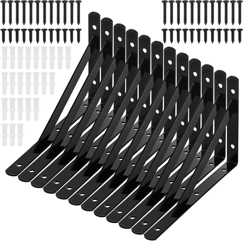 Hiceeden 12 Pack Heavy Duty Shelf Brackets, 8 in x 5 in Wall Mount Steel L Shelf Bracket, Angle Brackets for Floating Shelves, Black Metal Powder-Coated