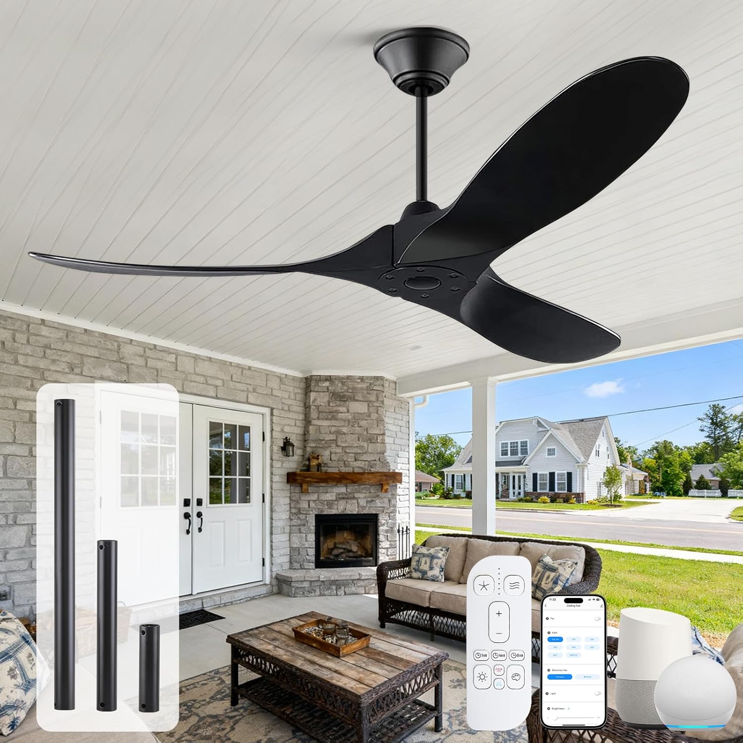 52 Inch Black Ceiling Fan with Remote/APP/Alexa Voice Control, Large Smart Ceiling Fan No light with Quiet Reversible DC Motor, Large Airflow 3 Blade Wood Ceiling Fan for Gazebo Patio