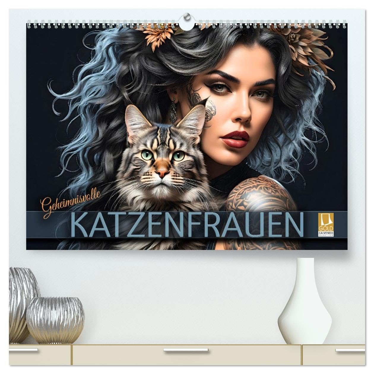 Geheimnisvolle Katzenfrauen (hochwertiger Premium Wandkalender 2026 DIN A2 quer), Kunstdruck in Hochglanz: Zauberhafte Porträts anmutiger Samtpfoten ... verführerischen Gefährtinnen (CALVENDO Tiere)