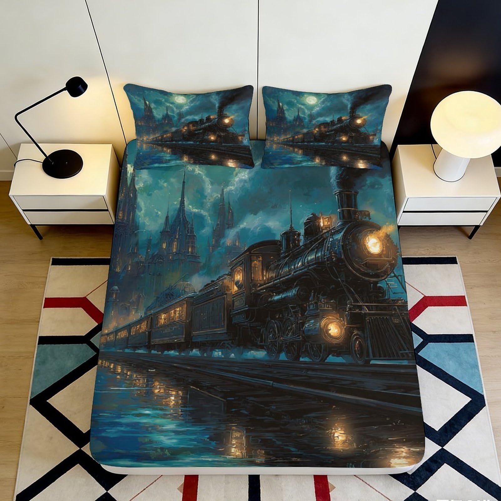 3D Printed Night Train Fitted Sheet Microfiber Soft Railway Steam Locomotive Bed Cover for Bedroom Dorm Mattress Decor 90x200x25cm