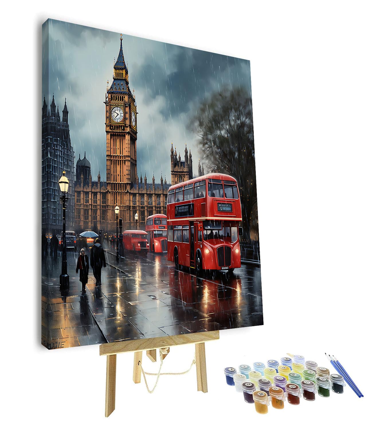 TISHIRON Color by Number for Adults Beginner - London Rain Scene with Big Ben and Red Double Decker Bus, Cityscape Painting by Numbers Kit for Adults, Relaxing Arts and Crafts, 16x20In (Framed)