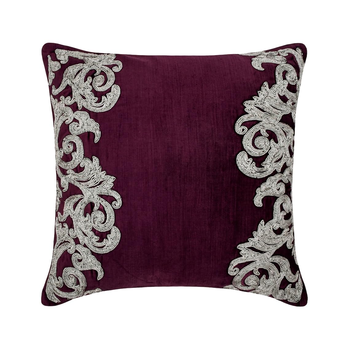 The HomeCentric Plum Decorative Cushions Cover, Beaded Floral Border Cushions Cover, 35x35 cm (14x14 inch) Cushion Case, Square Velvet Cushions Cover, Floral Art Deco Cushion - Art Nouveau โ image 1