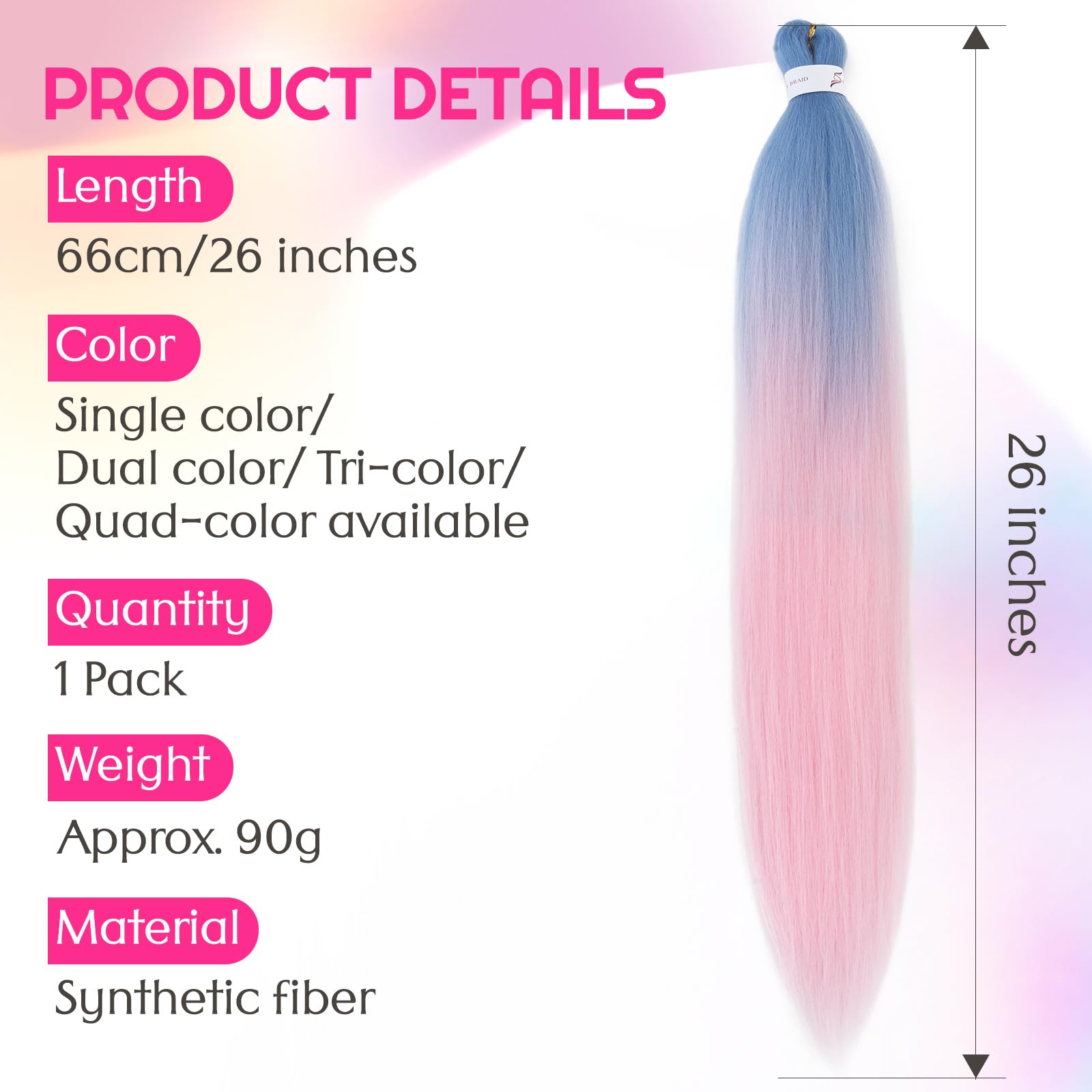Silk-co Braiding Hair Extension Pre Stretched Professional Easy Braiding Hot Water Setting Yaki Synthetic 26" 90g Blue to Pink - Image 2