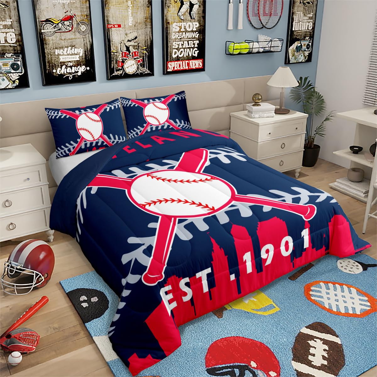 Erosebridal Baseball-Spannbettlaken Set Für Doppelbett – Inkl. 1 Kissenbezug, 100x190x40 Cm | Weiches Mikrofasermaterial