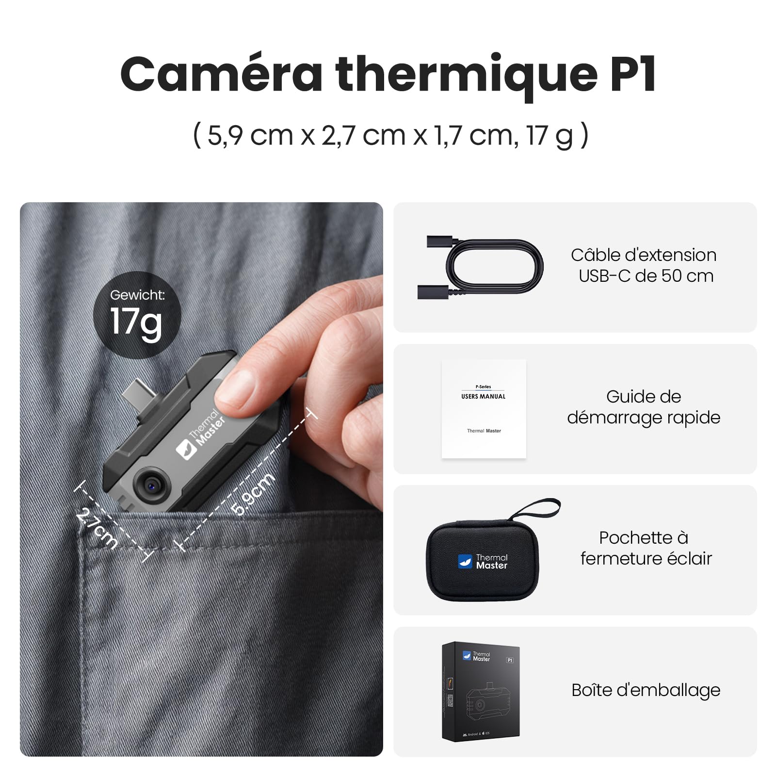 Thermal Master P1 Caméra Thermique pour iPhone & Android USB-C, X³ IR Résolution 320x240, -20°C à 600°C, 15x Zoom, 25 Hz Caméra Infrarouge pour Inspection Maison, CVC & Électricité