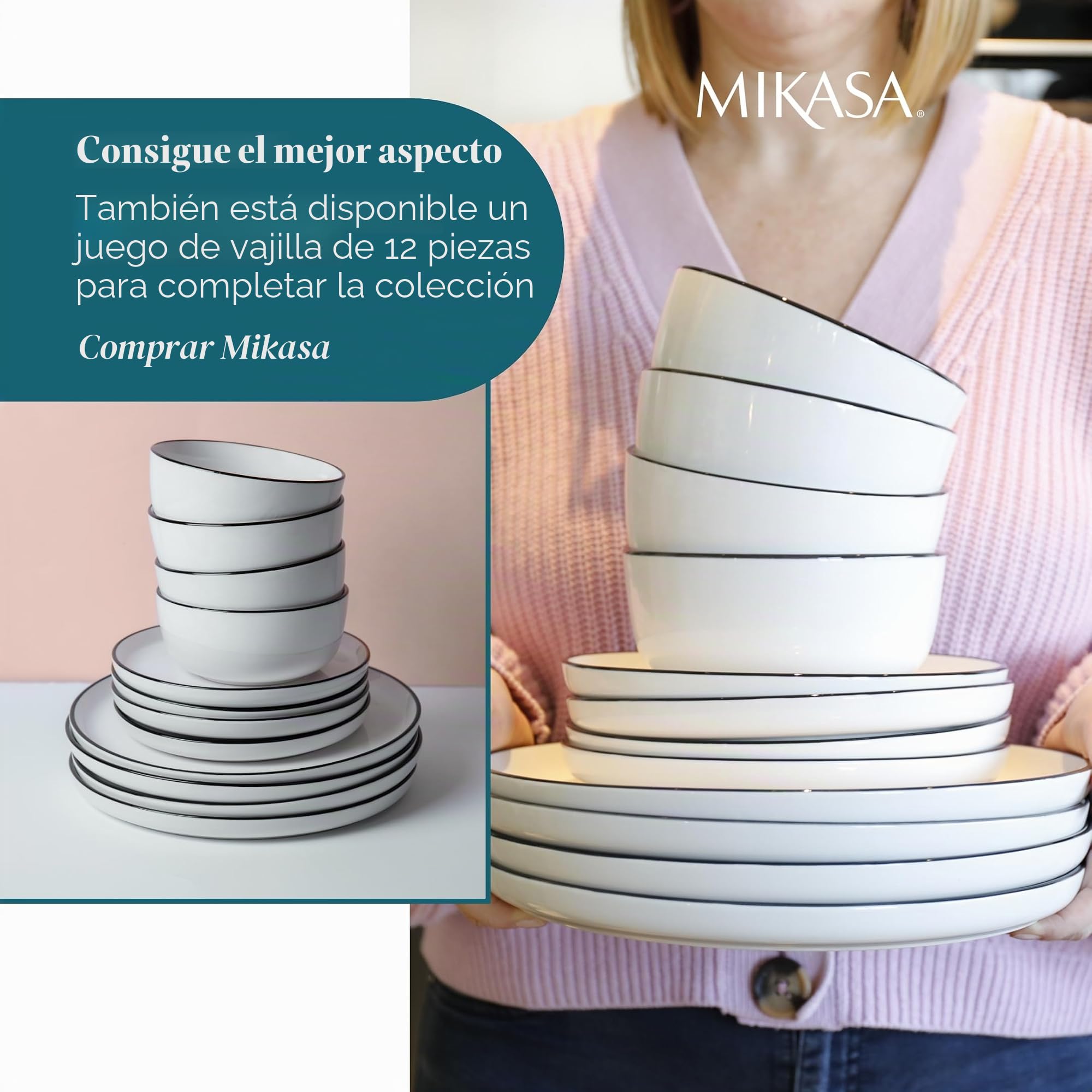 Mikasa Limestone Juego de Tazas de Porcelana, 4x Tazas de Porcelana con Borde Negro para Té y Café, 360ml| En Caja de Regalo y Aptas para Lavavajillas