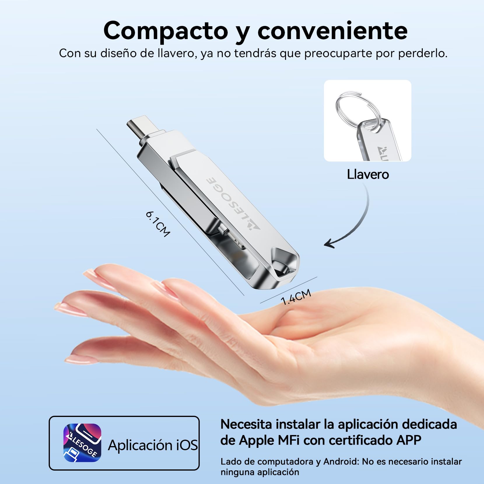 MFi – Memoria USB C 256GB para iPhone y Android, Memoria Externa iPhone 3 en 1, Memoria USB 3.0, pendrive USB-C para Fotos y vídeos (Plata)