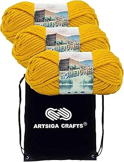 Lion Brand Knitting Yarn Hometown Madison Mustard 3-Skein Factory Pack (Same Dye Lot) 135-159 Bundle with 1 Artsiga Crafts Project Bag