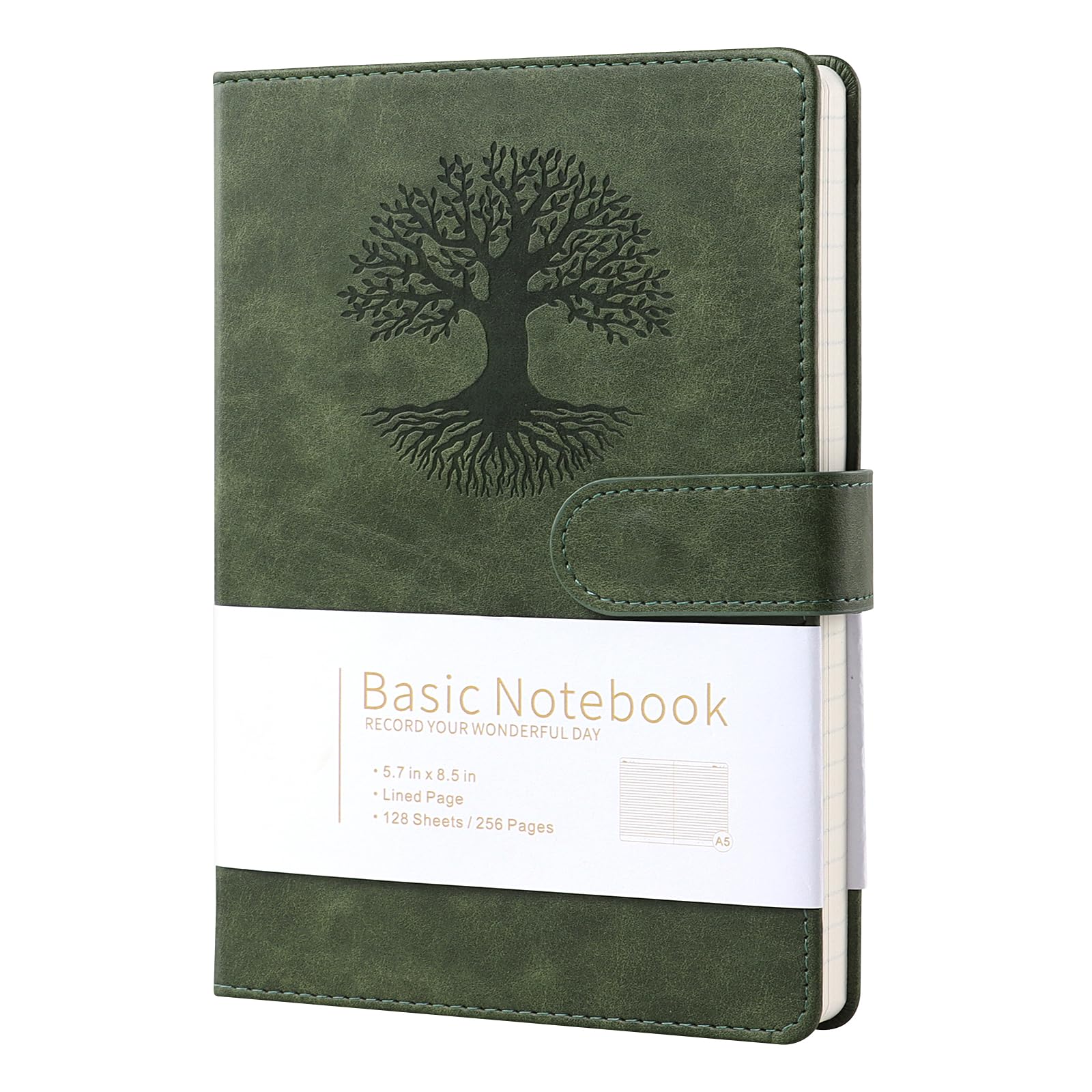 A5 Notebook with Tacking, 256 Pages Leather Cover Hardcover for Personal Writing, Studying, Office and Travel Records (Dark Green) : Office Products