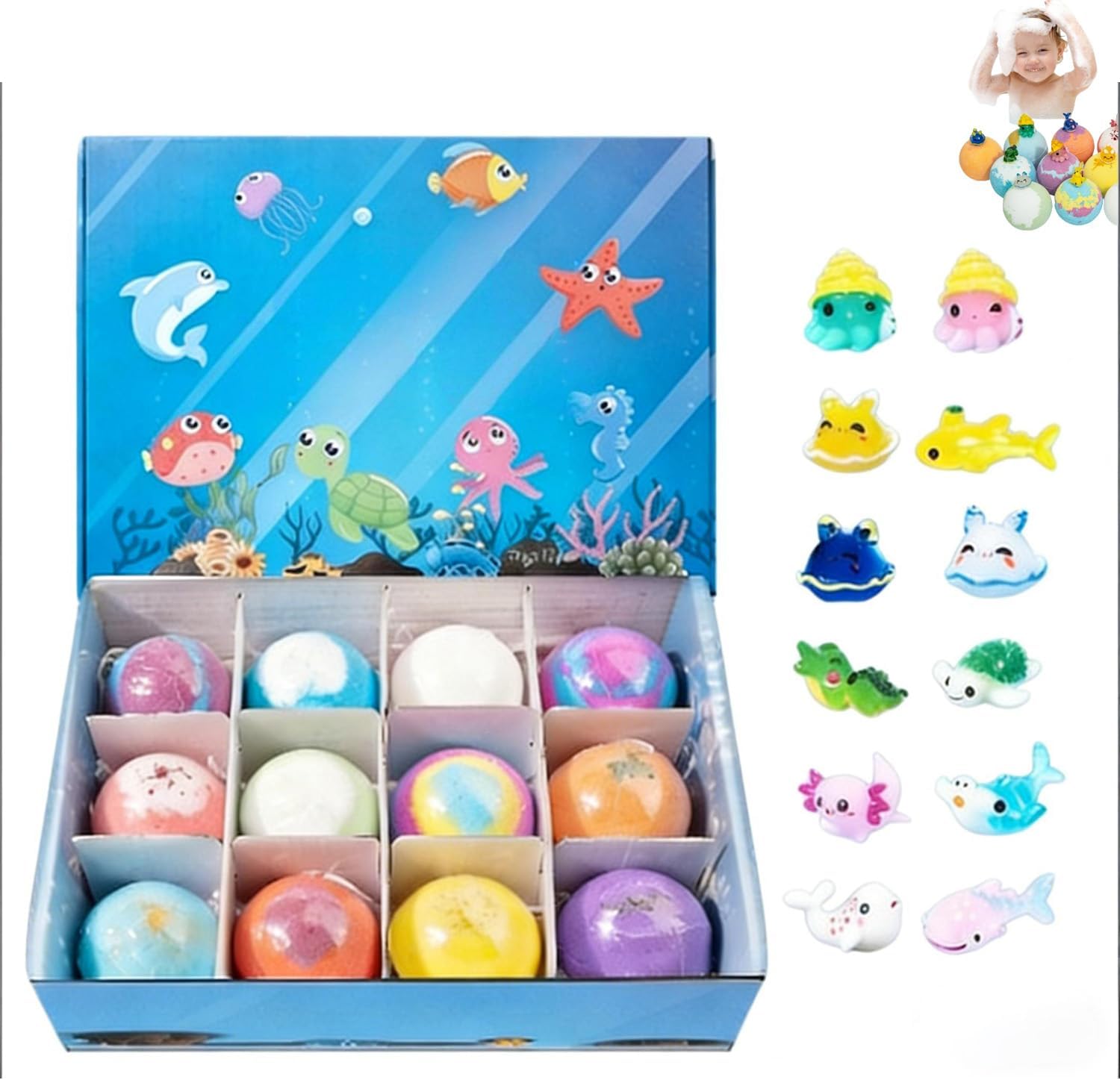 Ocean Toy Salt Ball Sleeve Box Bath Bombs, Bath Balls with Surprise Toys Inside, Natural Sea Salt Bubble Bath Fizzies for Boys & Girls, Gentle & Scented, Kid-Safe & Fun, Ideal Gift (B-1set)