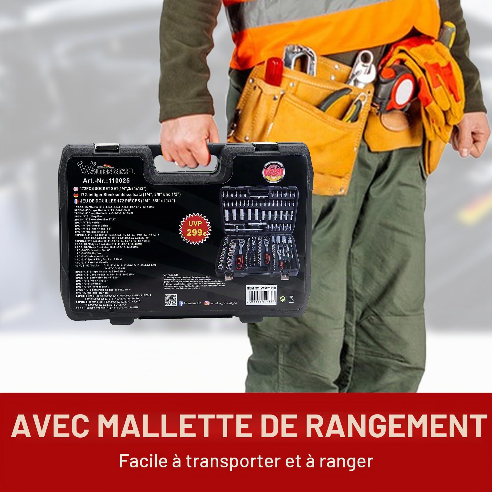 WALTER STAHL Ensemble de 171 pièces d'outils avec prise électrique, clés à cliquet, clés à molette et jeu de embouts, mallette à outils | Avec douilles, cliquets, clés à douille et jeu d'embouts, mallette à outils