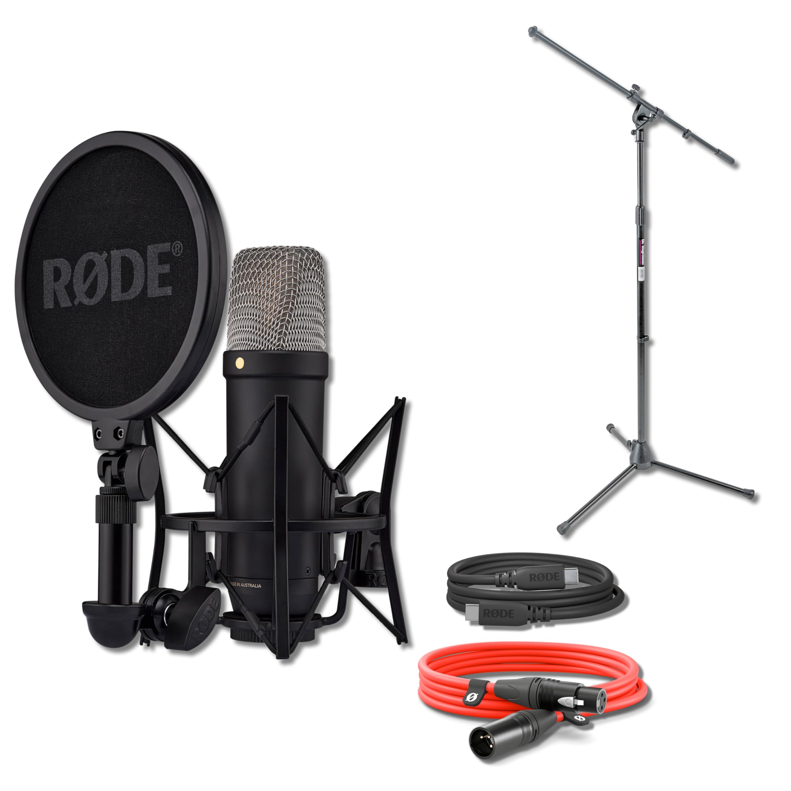 Rode NT1 5th Generation Condenser Microphone (Black) with On-Stage MS7701B Euro Boom Microphone Stand and XLR Cable
