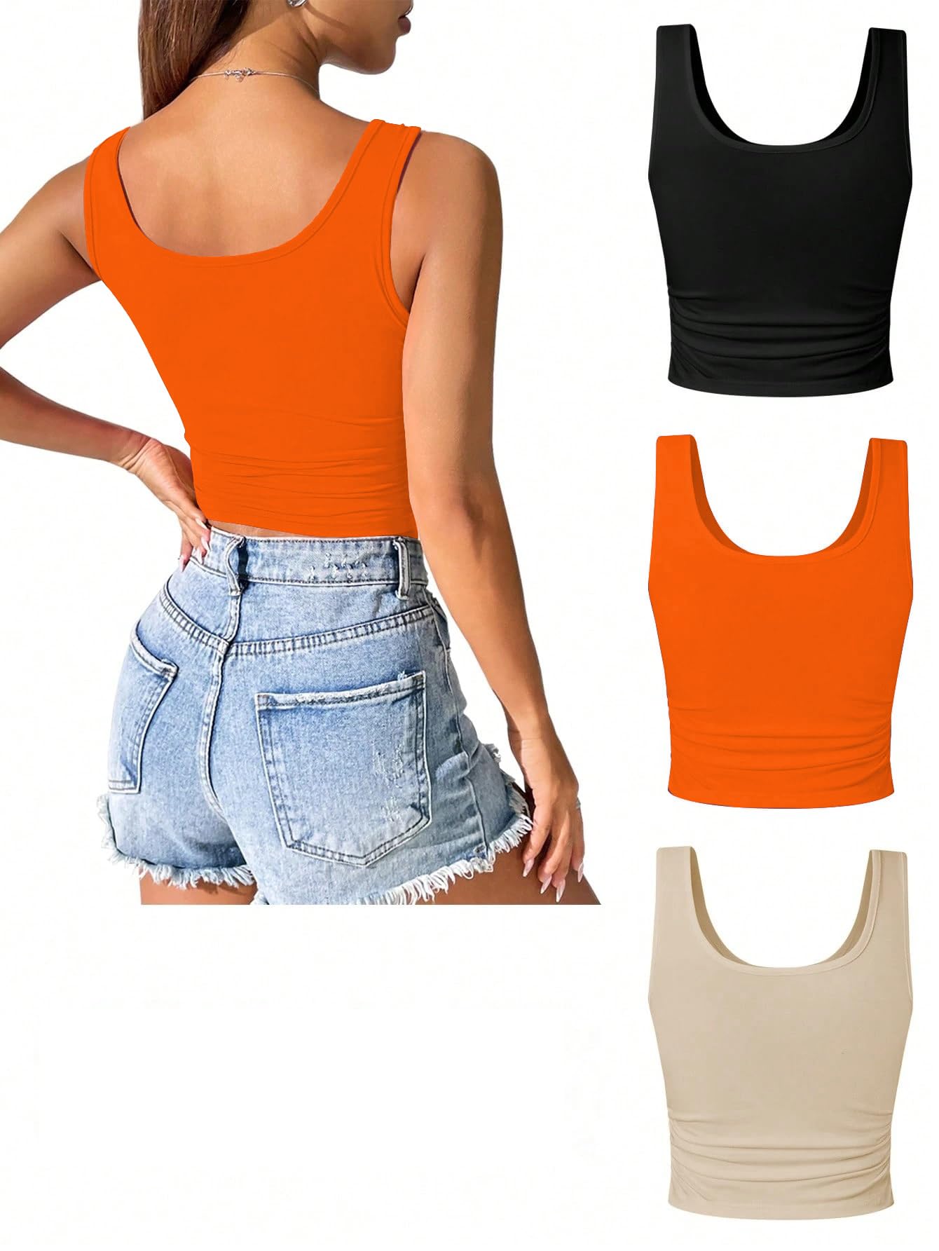 Toochki Top da donna crop top per donna canotta activewear t-shirt sport casual scollo quadrato canotta in cotone confezione da 3