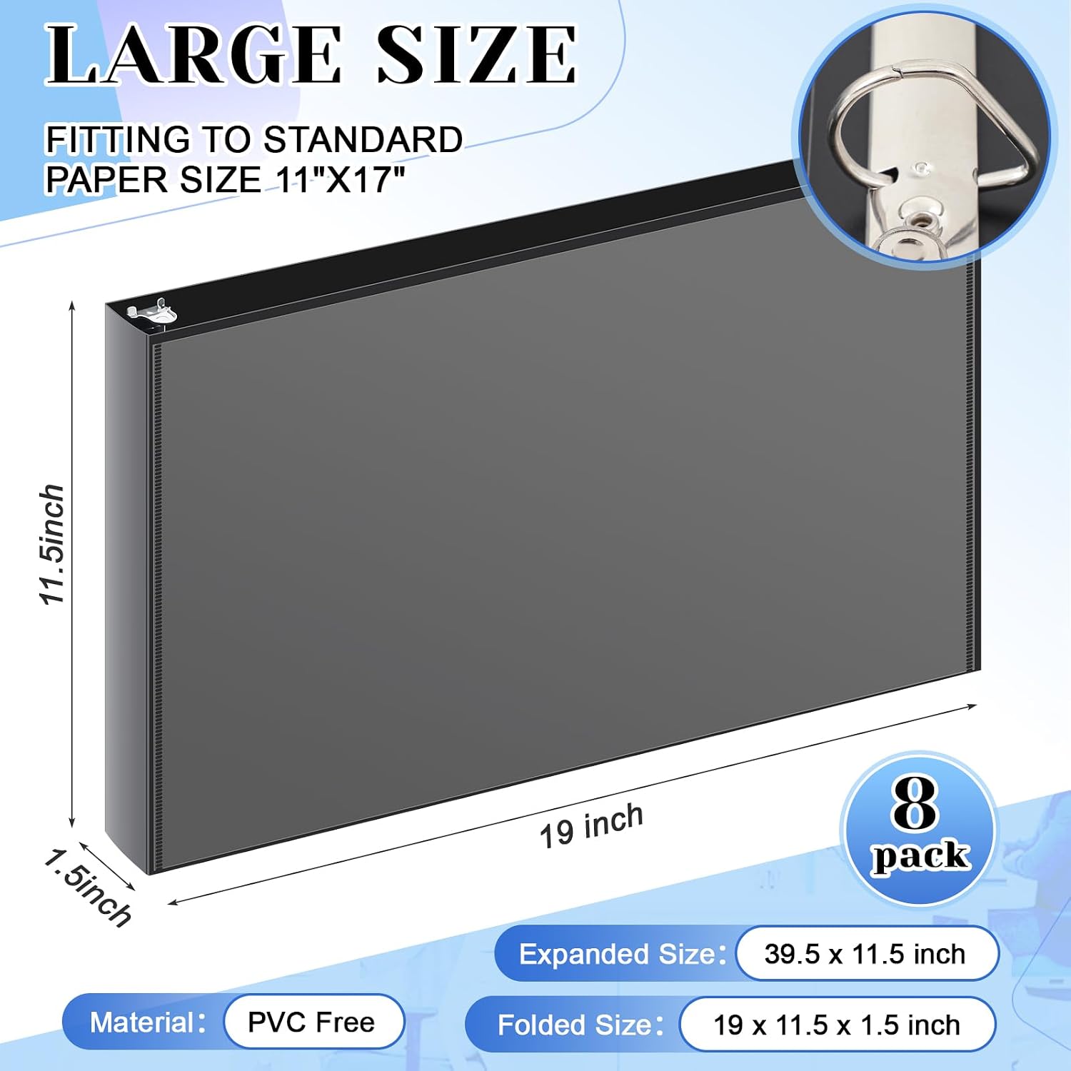 8 Pcs 11 x 17 Inches View Binders 1 Inch 3 Rings Heavy Duty View D Ring Binders Economy Holds 11" x 17" Paper for Artwork Blueprints, Office, Home, Work Places (Black)