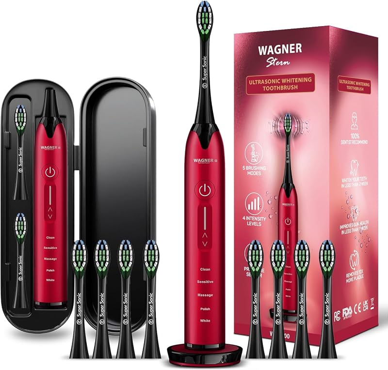 Ultrasonic whitening Toothbrush with Pressure Sensor. 5 Brushing Modes and 4 Levels of Intensity, 8 Soft bristles, Travel case.