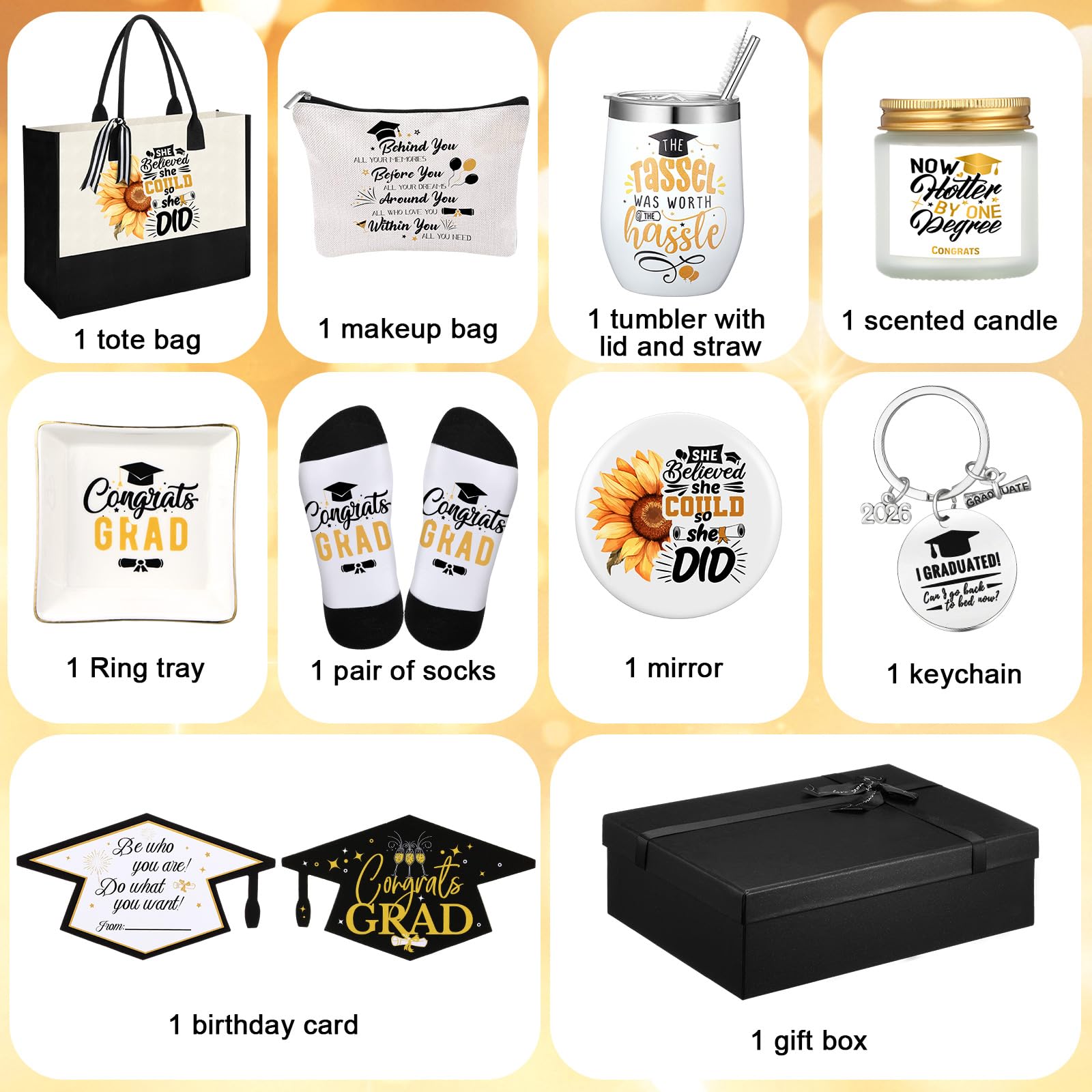 10 Pcs 2026 Graduation Gifts for Women Best College Grad Gifts Basket Master Degree Grad Gift Box Congratulations Gift for Class of 2026 College Masters Graduation(Classic,Black)