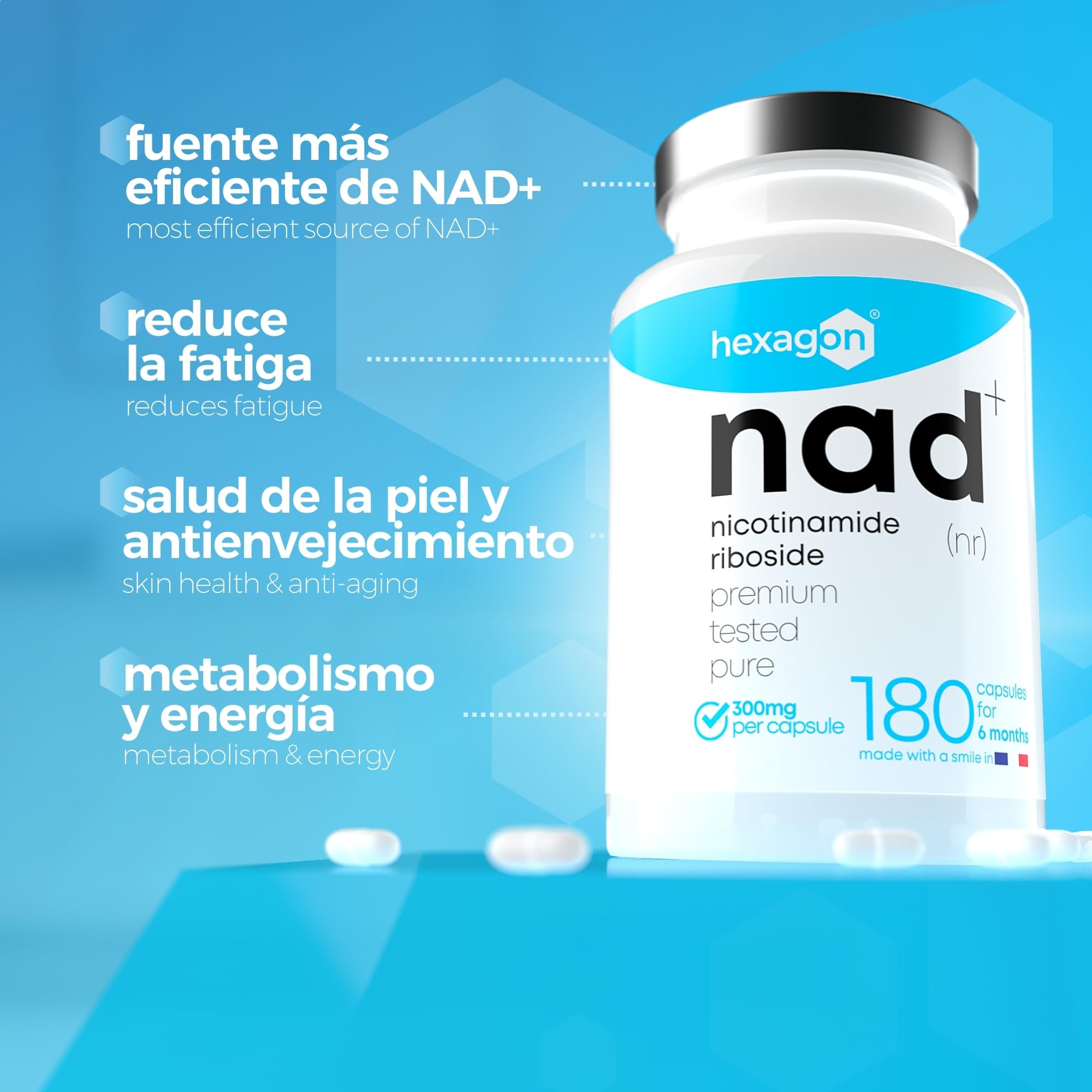 NAD+ Nicotinamide Riboside Chloride 300mg - +6 Meses de Cura - Contra la Edad y la Fatiga, NAD Booster - Polvo Puro, 180 Cápsulas - Grado Farmacéutico - Vegano - Hexagon