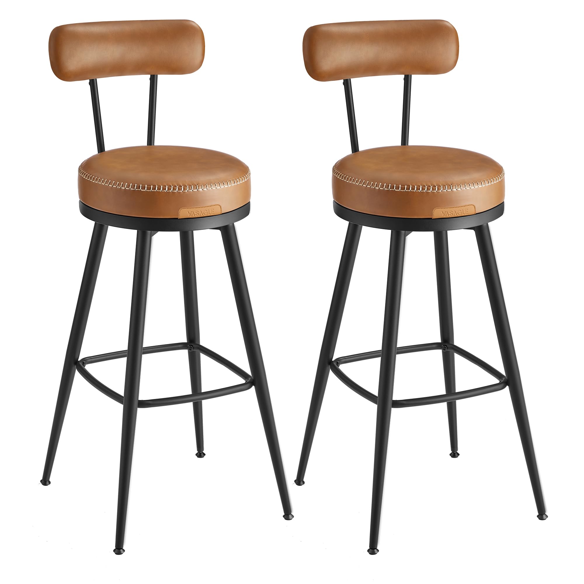 VASAGLE Collection - 360?Swivel Bar Stools Set of 2, Counter Chairs with Backs, Synthetic Leather with Stitching, Mid-Century Modern, 76 cm Tall, Kitchen Home Bar, Caramel Brown EKHO LBC889K88