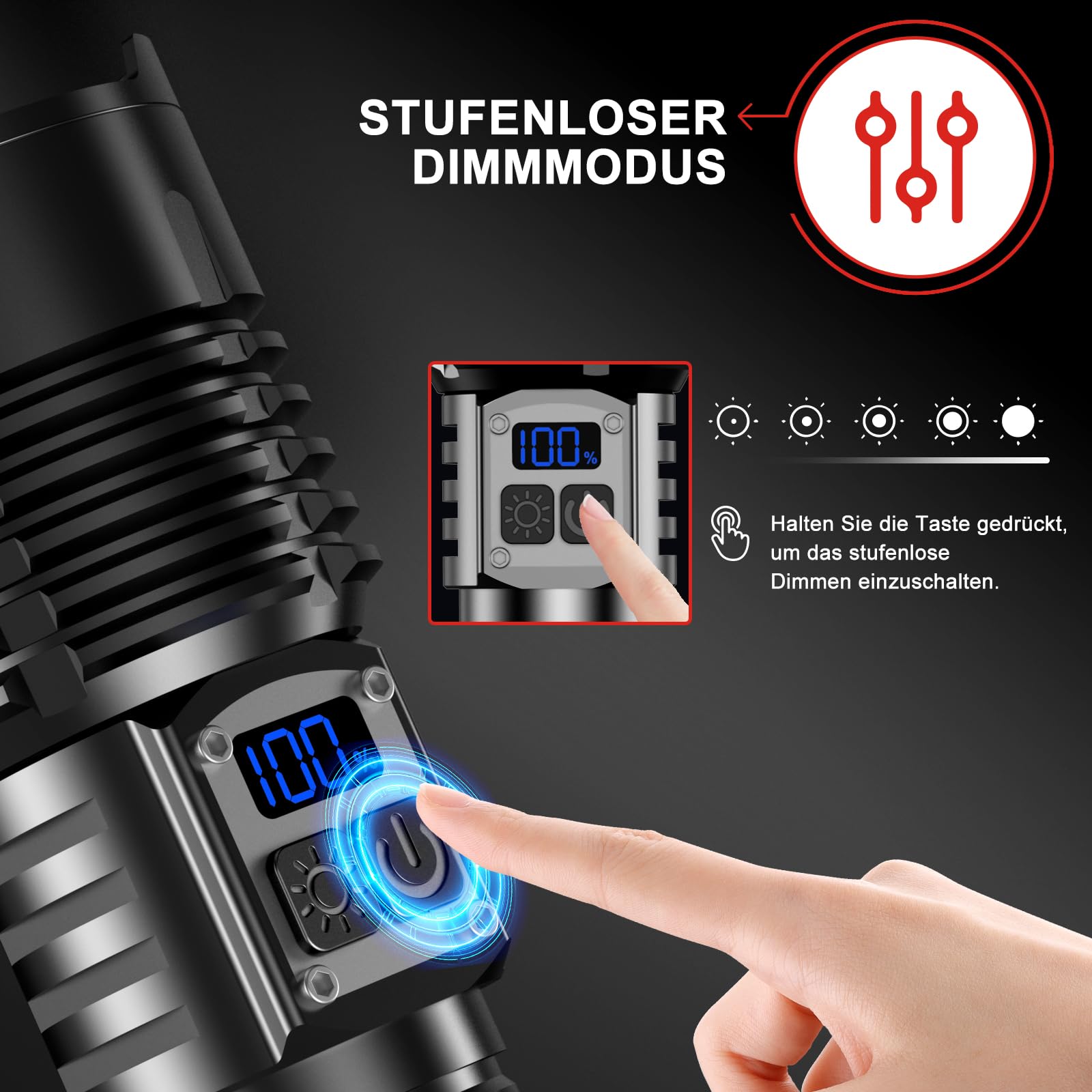 WOWNIGHT Torcia LED Potente Professionale 1000000 Lumens, 50W 2 Interruttori Torcia LED Ricaricabile, IPX6 Torcia Potente Tattica Militare, Infinitamente Dimmerabile Per Campeggio Trekking Emergenza