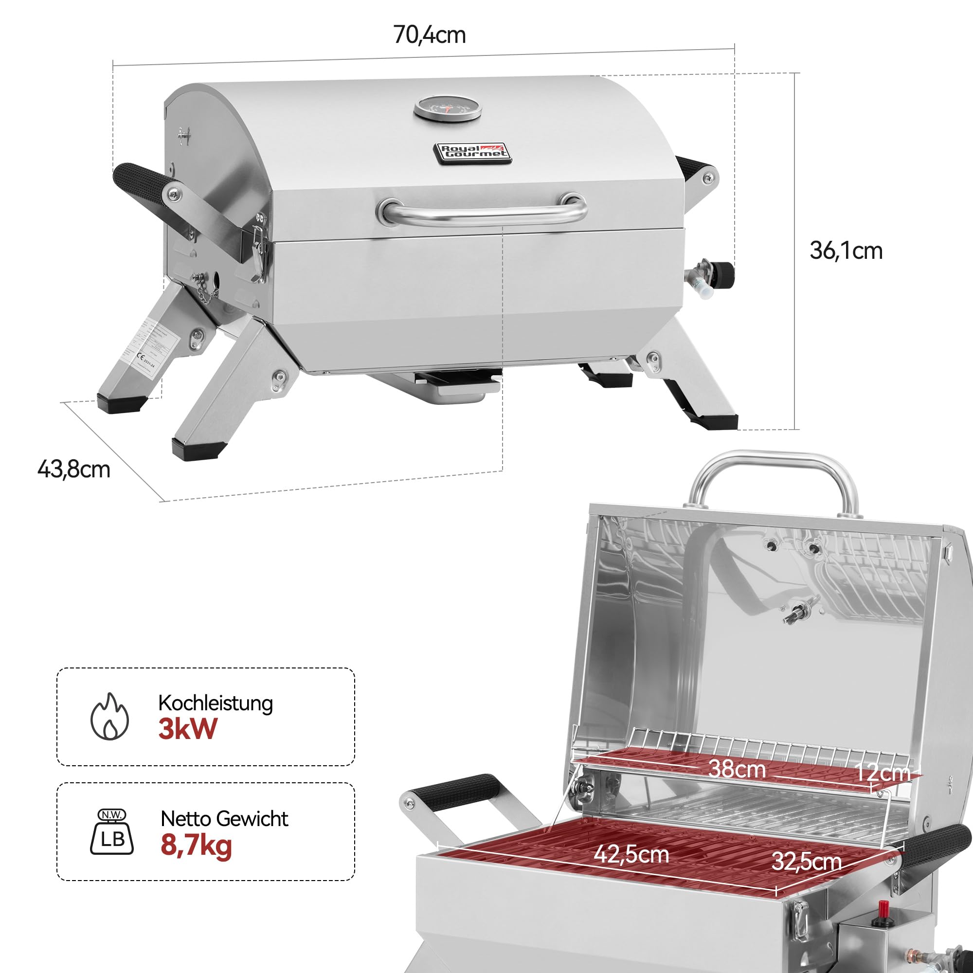 Royal Gourmet Edelstahl Tragbarer Gasgrill, Compact Tischgrill mit Zwei Griffen und Reiseschlössern, Klappbaren Beinen, 3 kW BBQ Campinggrill für Balkon, Picknick Silber
