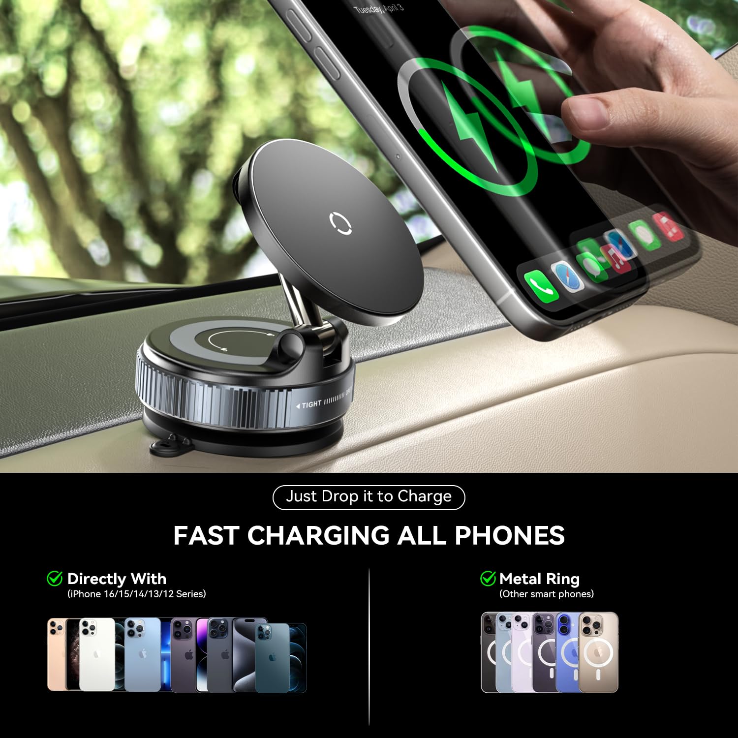 15W Schnelles Laden Autohalterung mit Ladefunktion [Verbesserter Elastischer Saugnapf] 360° Verstellbare Kabelloses Ladegerät Auto Handyhalterung für MagSafe iPhone 17 16 15 14 13 12 Serie