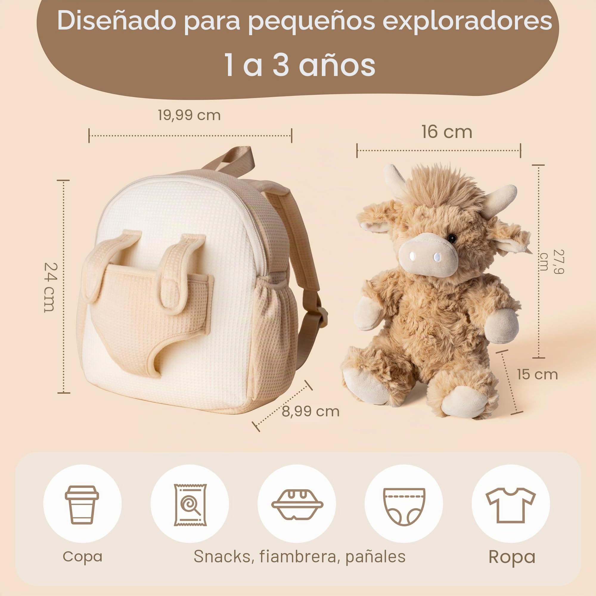 Moonkie Hug & Go Mochila Infantil, Bolso Bebe con Juguete Desmontable, para Niño y Niña 1 2 3 Años, Mochila Bebe Guarderia de Peluche Suaves, con Correas Ajustables, Regalos Niños para Viajes