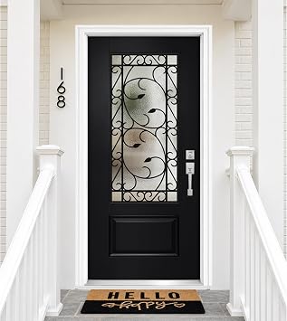 36 x 80 Fiberglass Entry Door, Black Front Door with Wrought Iron Privacy Cloud-Pattern Glass - Classic Style Knock-Down Exterior Door Inswing Door Unit, Left-Hand