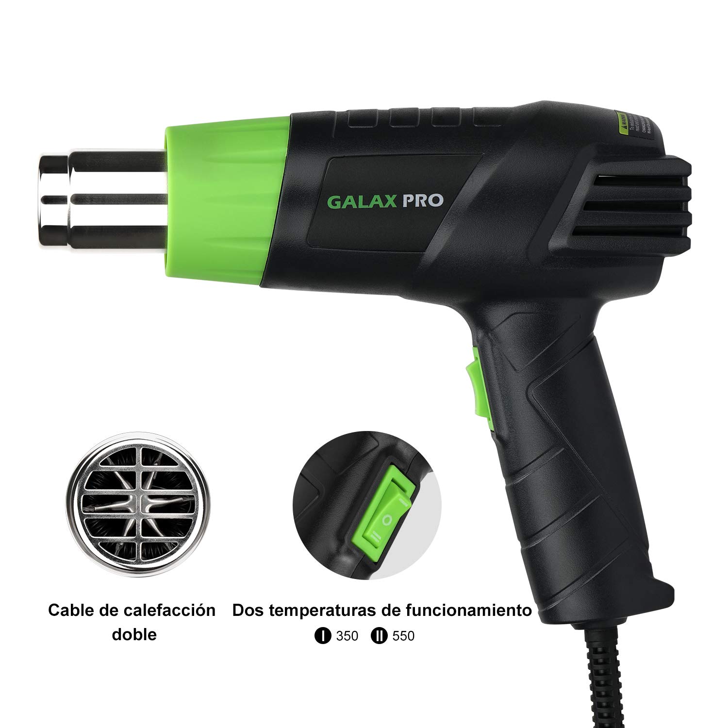 GALAX PRO Pistola de Aire Caliente, 2000W Dos Niveles de Temperaturay Tlujo de Aire Ajustables (Ⅰ: 350 ℃ 250L / min, Ⅱ: 550 ℃ 500L / min) con 4 Boquillas, Doble Protección