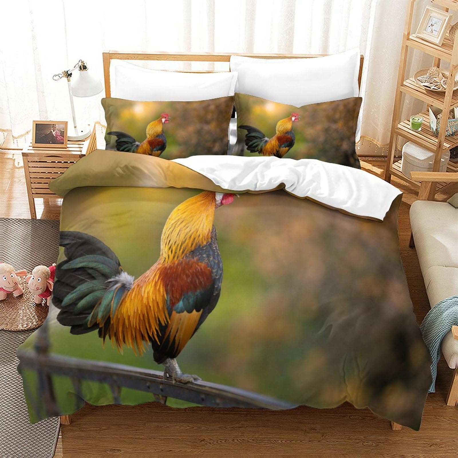 P1s9u7w5y Gallic Rooster-7 Vivid Farm 3D Printed Rooster Duvet Cover Set 3Pcs Microfiber Country Bedding Set King（220X240cm）