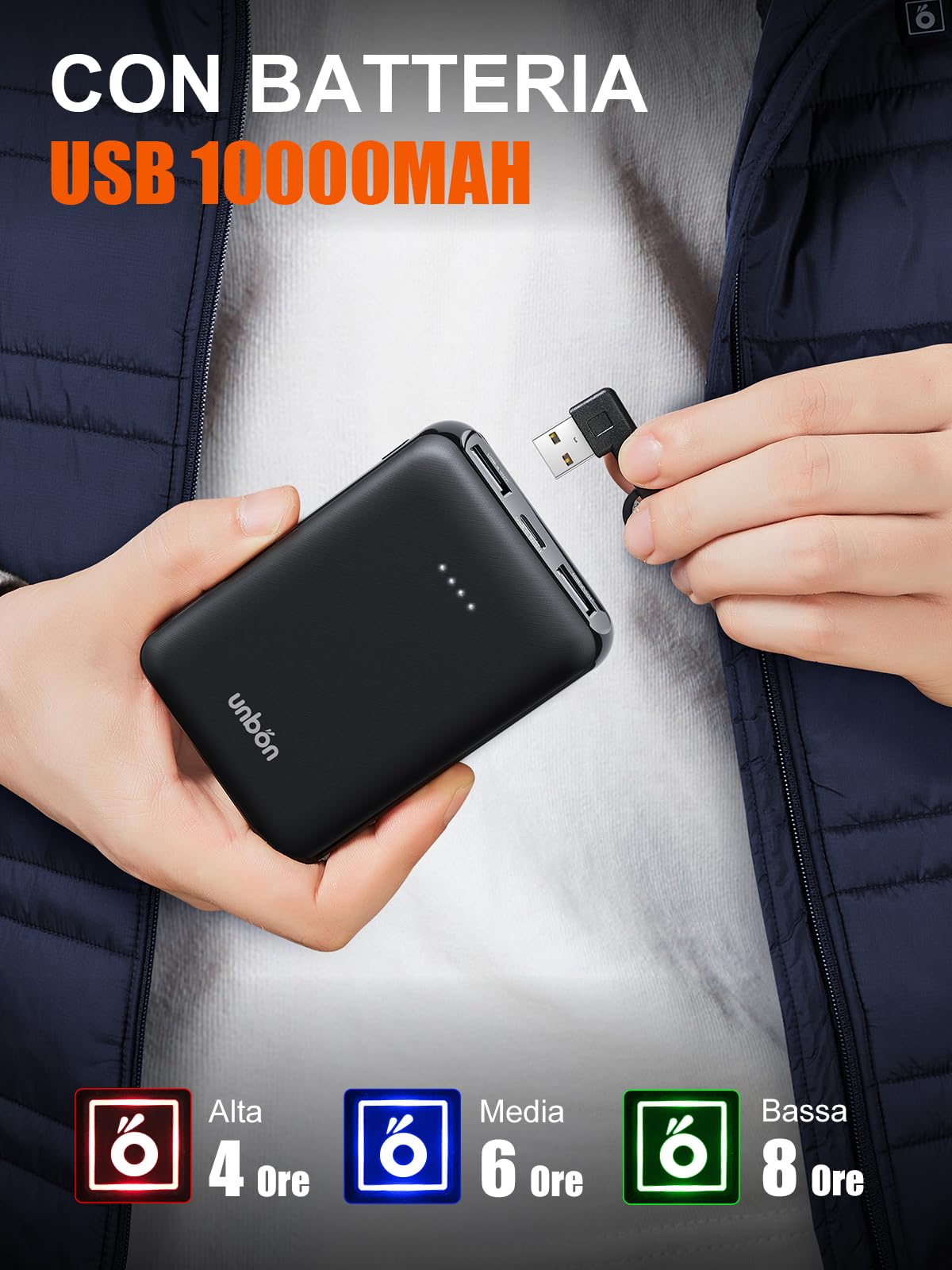 UNBON Gilet Riscaldato Uomo, Giubbotto Riscaldato Uomo con Batteria USB 10000mAh, Gilet Riscaldante Termico 3 Temperature 6 Zone di Calore, Giubbotto Riscaldante Invernale per Moto Caccia