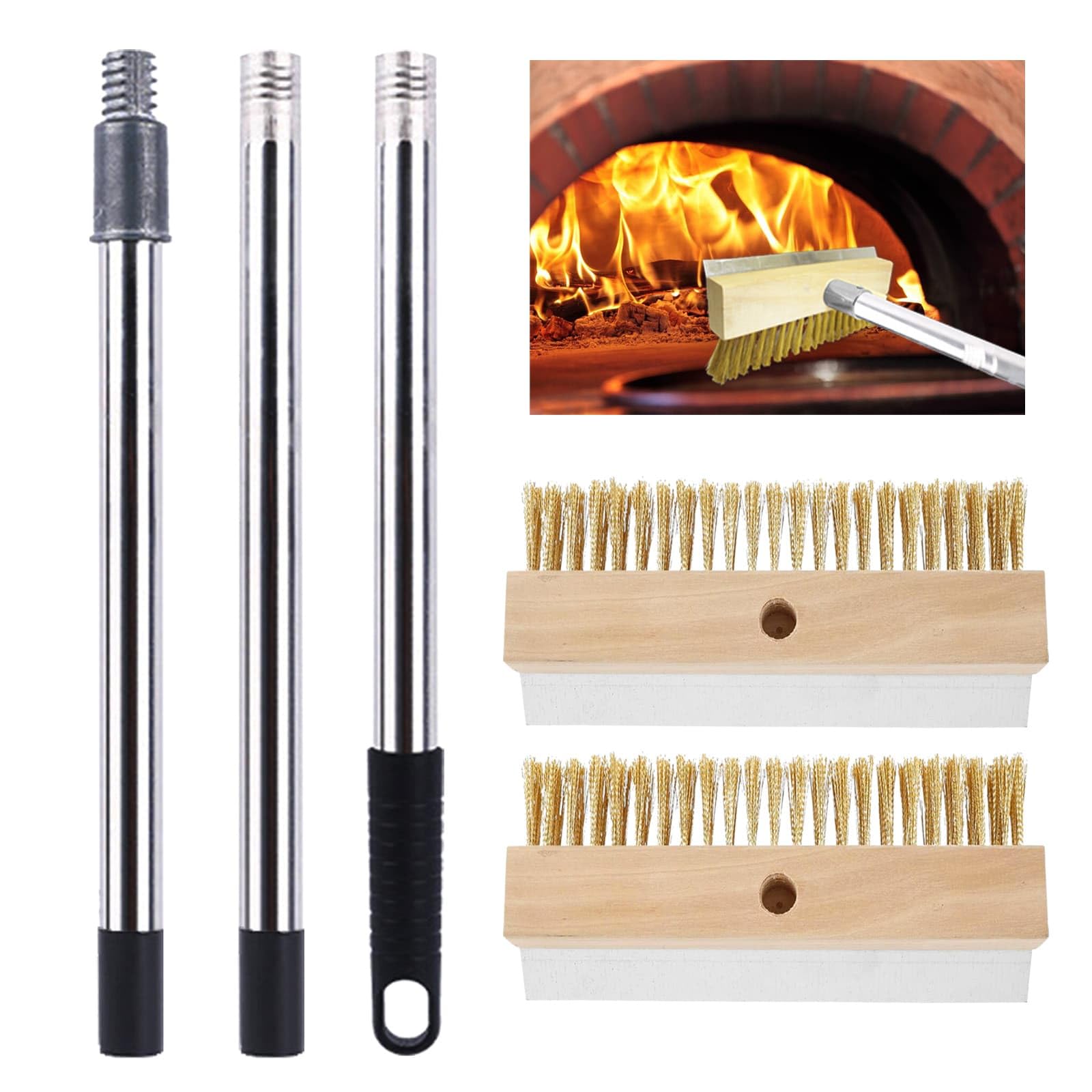 Wire Broom Pizza Oven Cleaning Brush Heavy Duty Scrubbing Brush 2Pcs Brass Wire Brushes with Scraper & 1.2M Handle Commercial Barbeque Grill Brush for Cleaning Wood Burning Ovens BBQ Pizza Stones