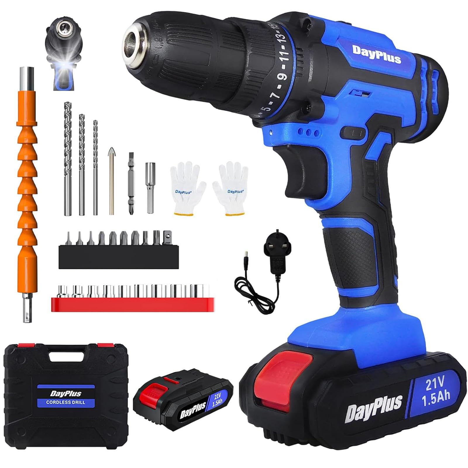 21V Cordless Drill Driver with LED Worklight, 0.8-10mm Clip Drill Bit, Electric Drill Set 45N.m, 25+1 Torque, 0-400/0-1400RPM, 1500mAh Battery and Charger Included