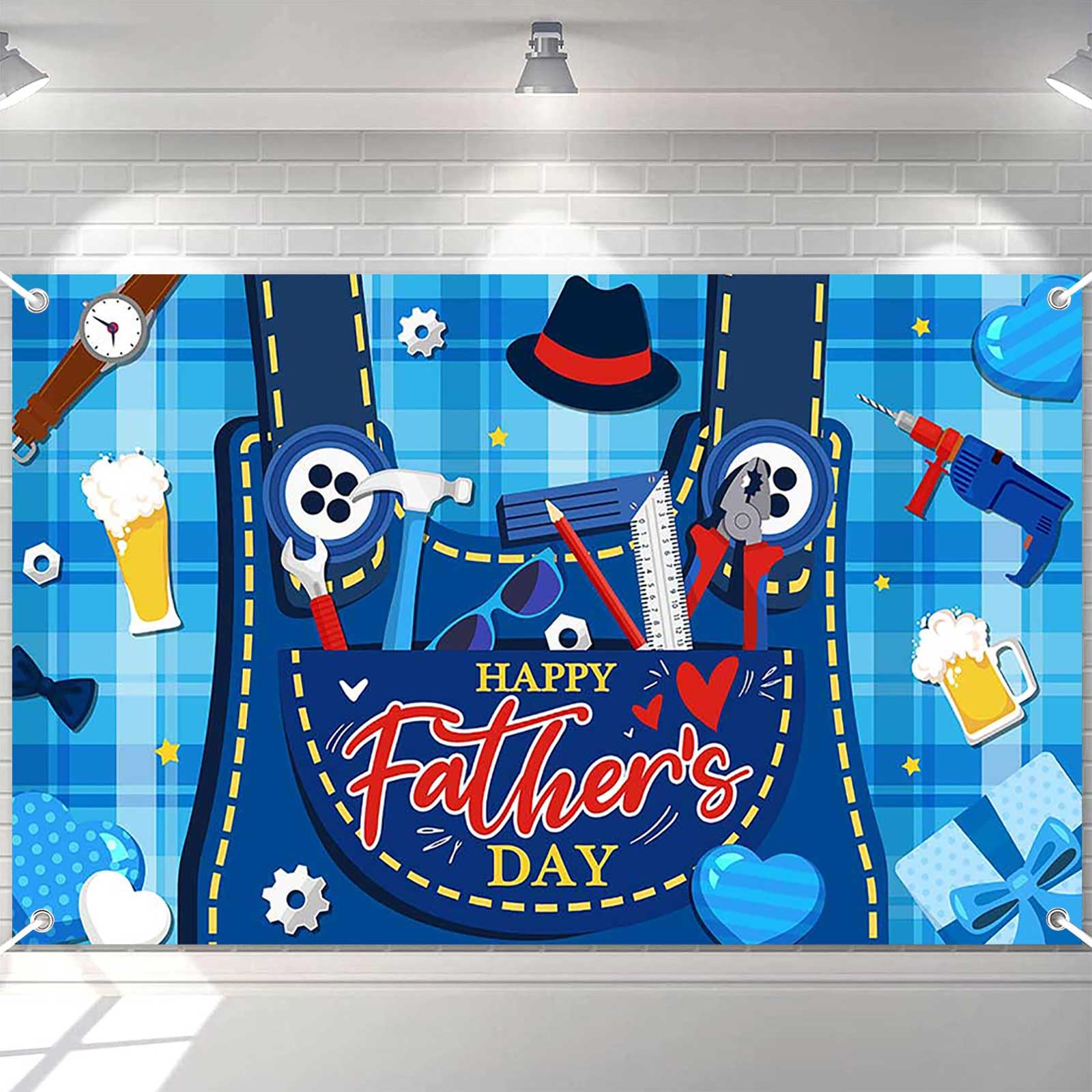 Ticuenicoa Happy Father's Day Banner - 70.8x43.3in Blue Overalls Design with Tools, Beer, Watch, Hat & Plaid Background for Holiday Celebration Decor