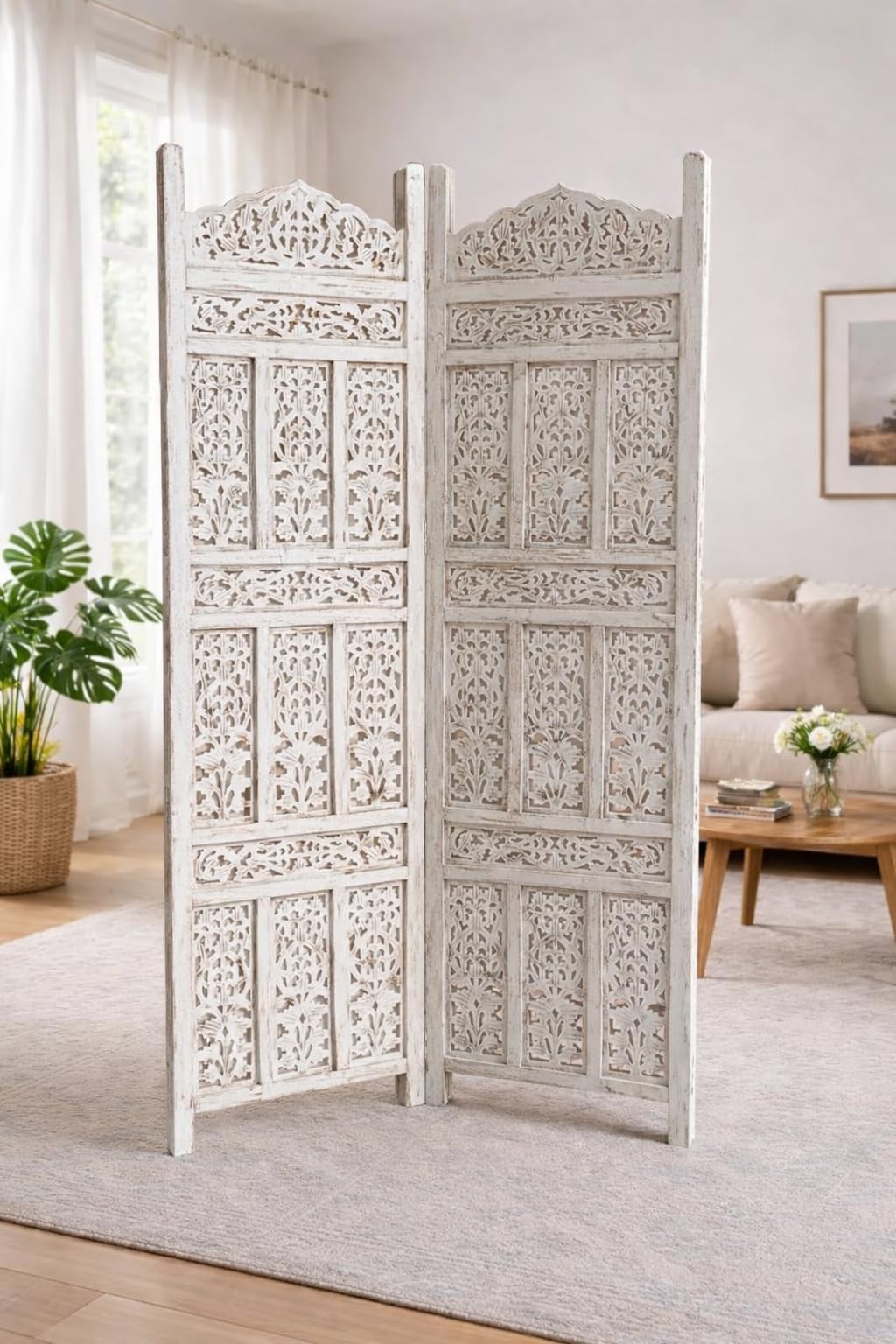 Wooden Room Divider Folding Partition Screen Decorative Privacy for Living Room, Office, Studio, Dining Area, Balcony ~ Kangra Badrun, Distressed White (2 Panel)-image-23