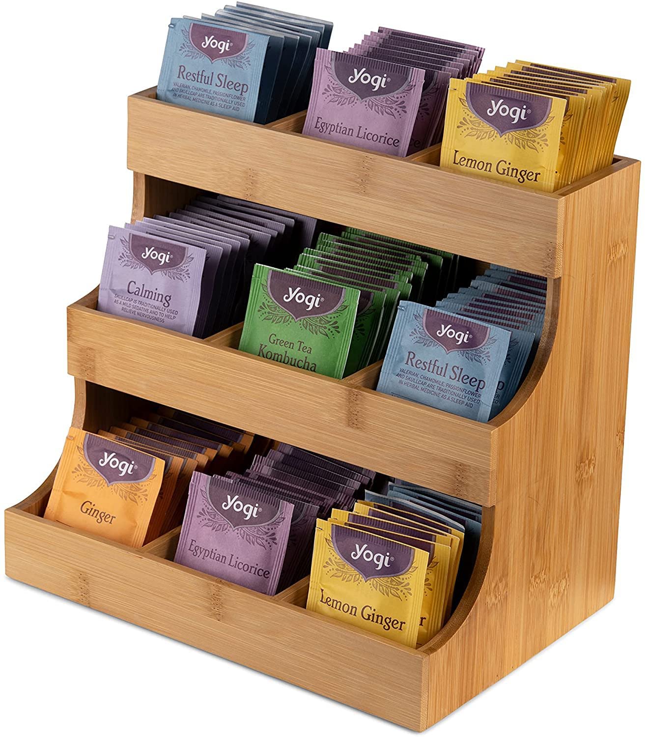 Organizador de té de bambú de 3 niveles con compartimentos, caja de almacenamiento para bolsas de té, cápsulas de café y azúcar (27 x 17 x 24 cm), antideslizante para bar, café y hogar