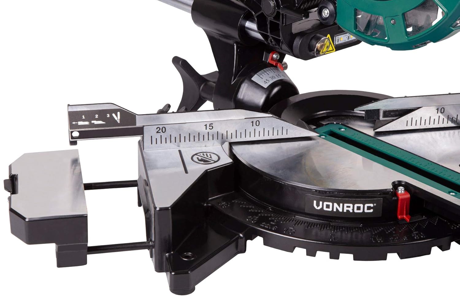 Close-up of the measurement scale and fence on the VONROC MS500AC Mitre Saw
