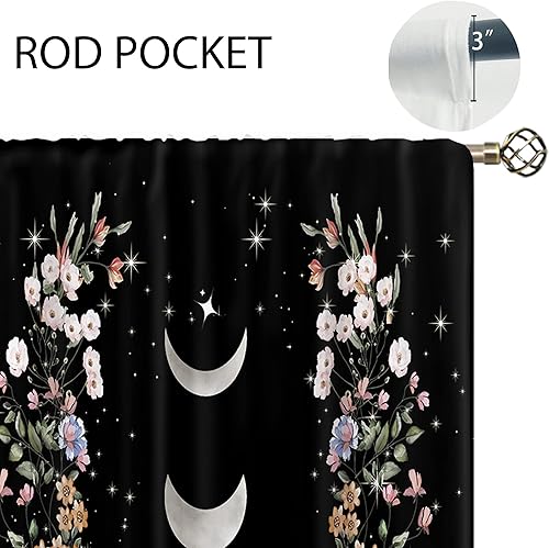 Miniatura 4 de oolygoo Cortinas de cocina pequeñas bohemias con diseño floral negro y estampado de flores, luna, para ventana de café, cortinas cortas para baño,