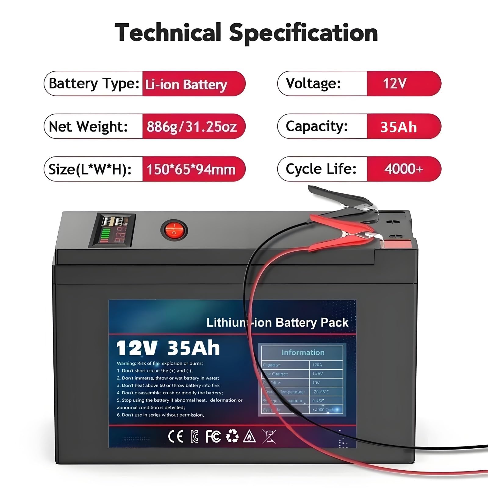 Batería 12V 35Ah Li-Ion 18650 Con Cargador 12,6V 3A Para Bicicletas Eléctricas Scooters Farolas Solares Inversores