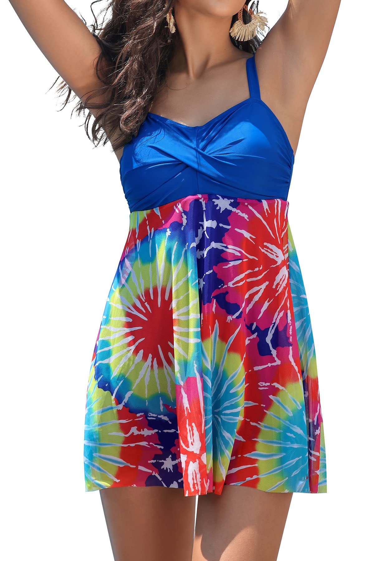 SHEKINI Traje de Baño de Una Pieza para Mujer Elegante Ruched Control Abdomen Tankini Ajustable Bikini de Baño Una Pieza Falda con Shorts de Seguridad