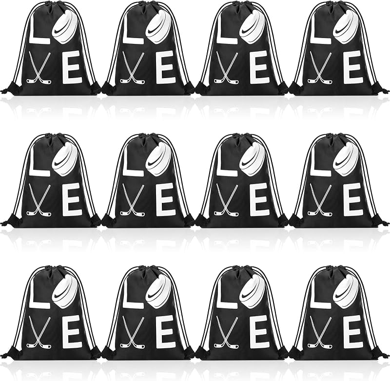 Sinmoe 12 Pcs Hockey Gift Bags 7 x 10 Inch Sport Party Favor Bags | Sport Theme Drawstring Bag, Hockey Party Favors for Kids, Birthday Supplies, Field Games Gifts